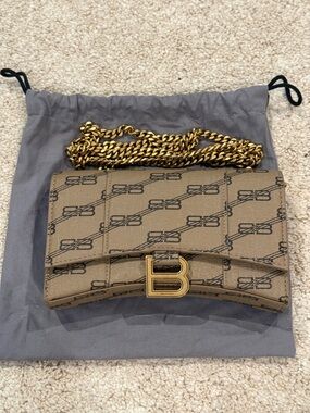 Balenciaga Tan Monogram 'B' Chain Crossbody Bag with Gold Hardware